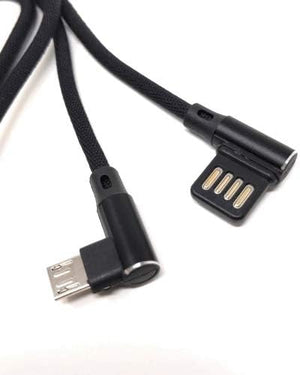 SYSTEM-S Micro USB Nylon Kabel links gewinkelt auf umkehrbarer USB Schnittstelle Typ A 2.0 in Schwarz 98 cm