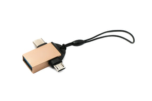 SYSTEM-S USB Y Adapter 3.1 Typ C & 2.0 Micro B Stecker zu 3.0 A Buchse Schlaufe in Rosa Gelb