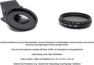 Filtre ND Vario Filtre à densité neutre 37 mm filtre gris avec clip pour smartphone