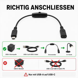 SYSTEM-S USB-C Stromschalter mit Verlängerungskabel, 32,5 cm, 5 V bis 2 A, nur USB-A auf USB-C, Schwarz