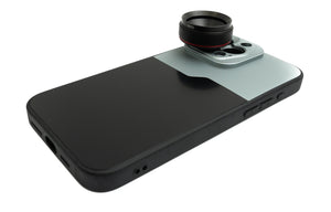 SYSTEM-S Makro Linse 1.1x bis 2.8x Filter 37 mm mit Hülle für iPhone 15 Pro Max in Schwarz Grau