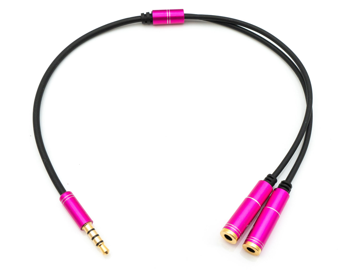 Cable Y de audio SYSTEM-S de 30 cm con conector auxiliar estéreo de 3,5 mm macho a 2 adaptadores hembra, color negro