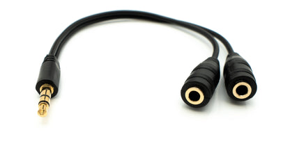 Cable Y de audio SYSTEM-S de 20 cm, conector auxiliar estéreo de 3,5 mm macho a 2 adaptadores hembra, negro