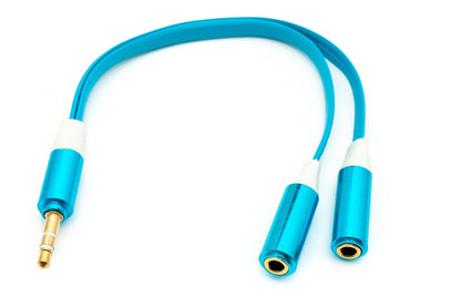 Cable Y de audio SYSTEM-S Conector auxiliar estéreo de 20 cm Conector de 3,5 mm a 2 tomas planas en azul