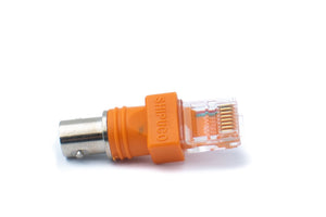 Adaptador coaxial SYSTEM-S conector RJ45 a conector hembra BNC cable de 50 Ohm en color naranja