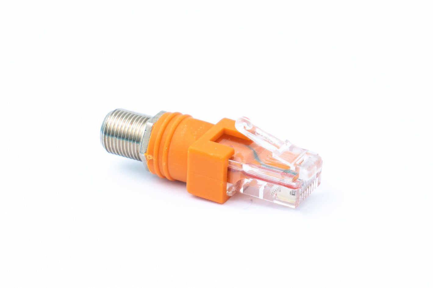 SYSTEM-S coaxial adapter RJ45 plug to F type plug 50 Ohm cable in orange