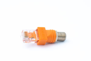 Coaxial adapter RJ45 plug to F type plug 50 ohm cable in orange
