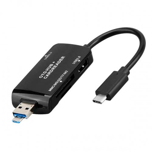 SYSTEM-S 3in1 USB 3.1 Tipo C a Tarjeta TF SD USB Tipo A y Lector de Tarjetas Micro-USB Adaptador OTG en negro