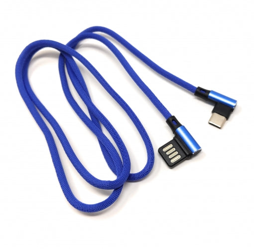 SYSTEM-S Cable USB Tipo C 3.1 de nailon a interfaz USB reversible Tipo A 2.0 angulado 90° en azul 97 cm