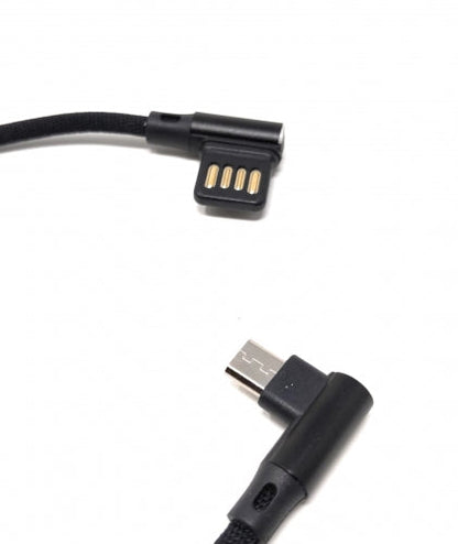 SYSTEM-S Micro USB Kabel Nylon links gewinkelt auf umkehrbarer USB Schnittstelle Typ A in Schwarz 29 cm