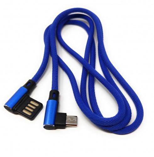 SYSTEM-S Micro Nylon USB Kabel links gewinkelt auf umkehrbarer USB Schnittstelle Typ A 2.0 in Blau 98 cm