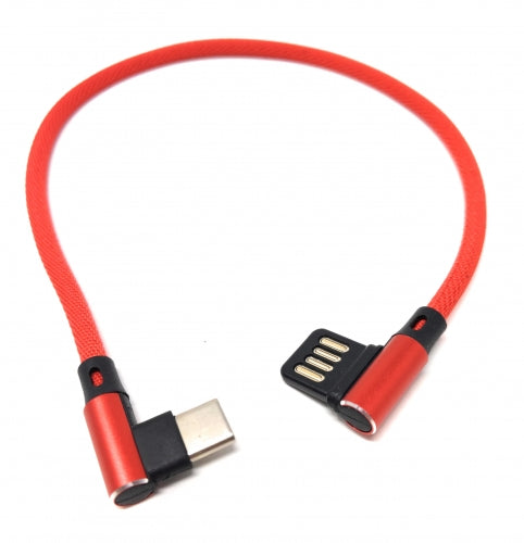 Câble nylon SYSTEM-S USB Type C 3.1 vers interface USB réversible Type A 2.0 coudé à 90° en rouge 29 cm