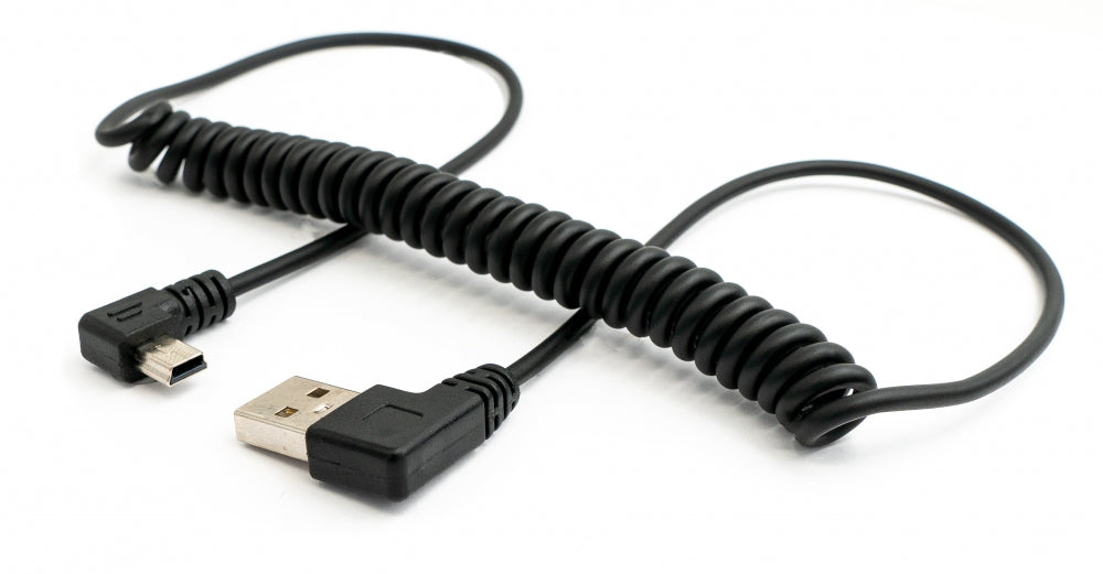 Cable USB 2.0 150 cm tipo A macho a mini B macho ángulo espiral en color negro