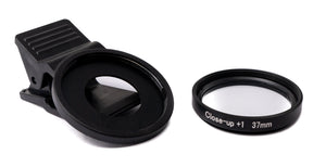 Objectif macro SYSTEM-S +1 filtre zoom gros plan avec clip en noir