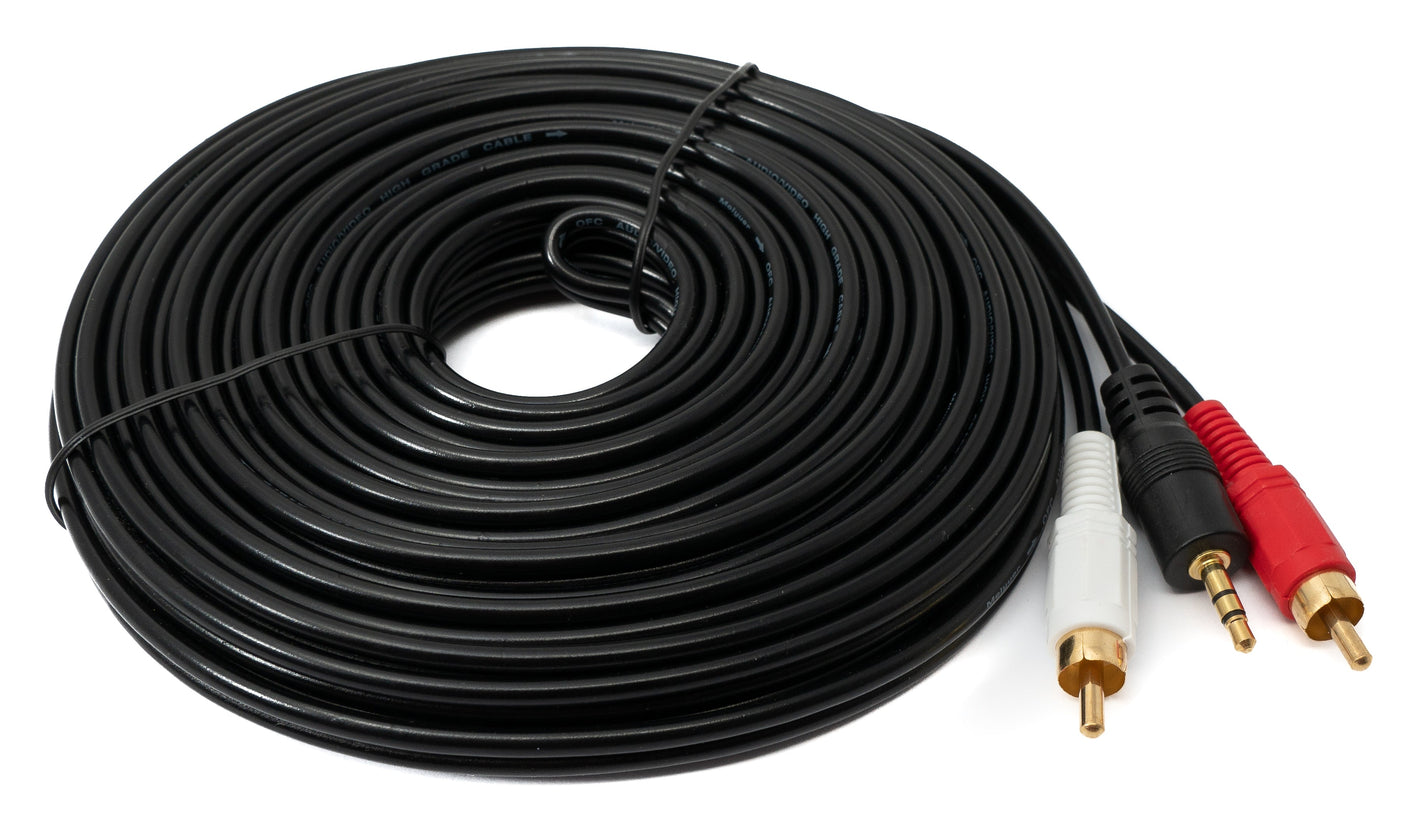 Câble SYSTEM-S Cinch 2 RCA fiche de 10 m vers prise jack AUX 3,5 mm stéréo AV en noir